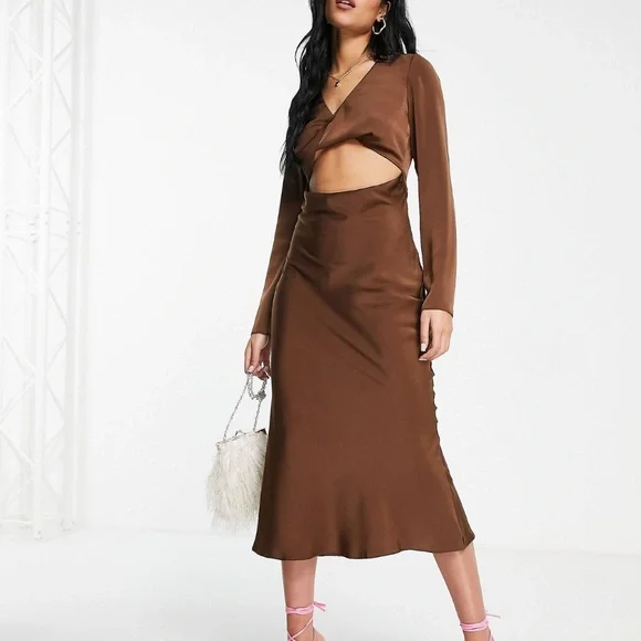 knee length dresses for ladies Rent Asos Design Satin Bandeau Twist Front Midi Dress In Watercolour Print main image 1